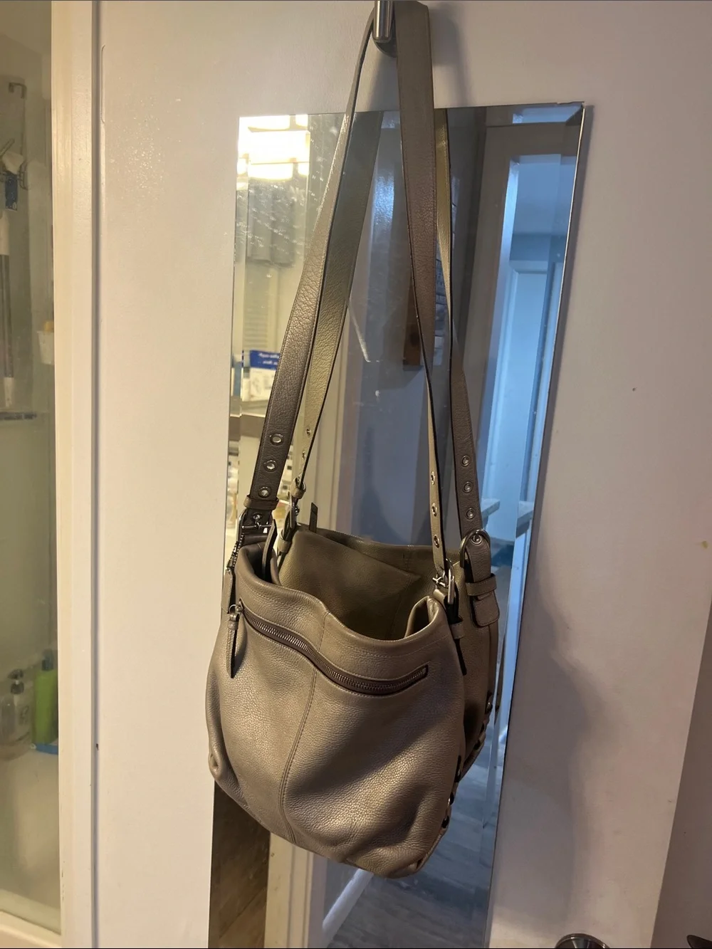 Classic silver Gray Leather Coach Shoulder Bag
